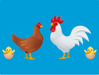 Brown hen and white rooster stand on a blue background, with two chicks in eggs nearby.