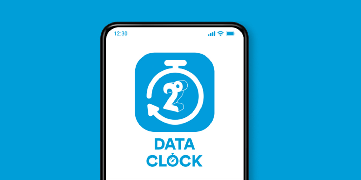 Smartphone displaying the "Data Clock" app logo on a blue background.