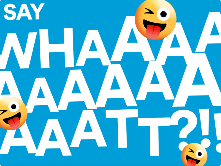 Text in bold white letters on a blue background, with playful emojis surrounding it.
