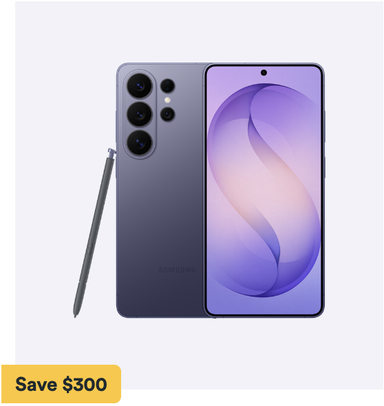 Smartphone with a purple design, showing the screen and stylus, highlighted with a discount banner.